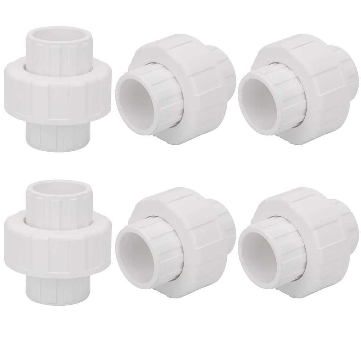 White 3/4 in PVC union coupling fittings, socket x socket, 6-pack
