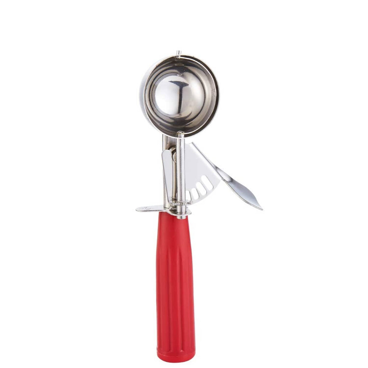 Red cookie disher scoop with stainless steel bowl and side release lever