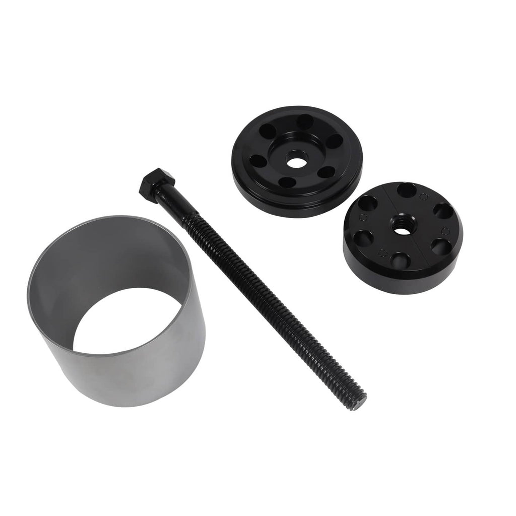 Bushing installation tool kit parts: silver bushing ring, threaded rod, black plates