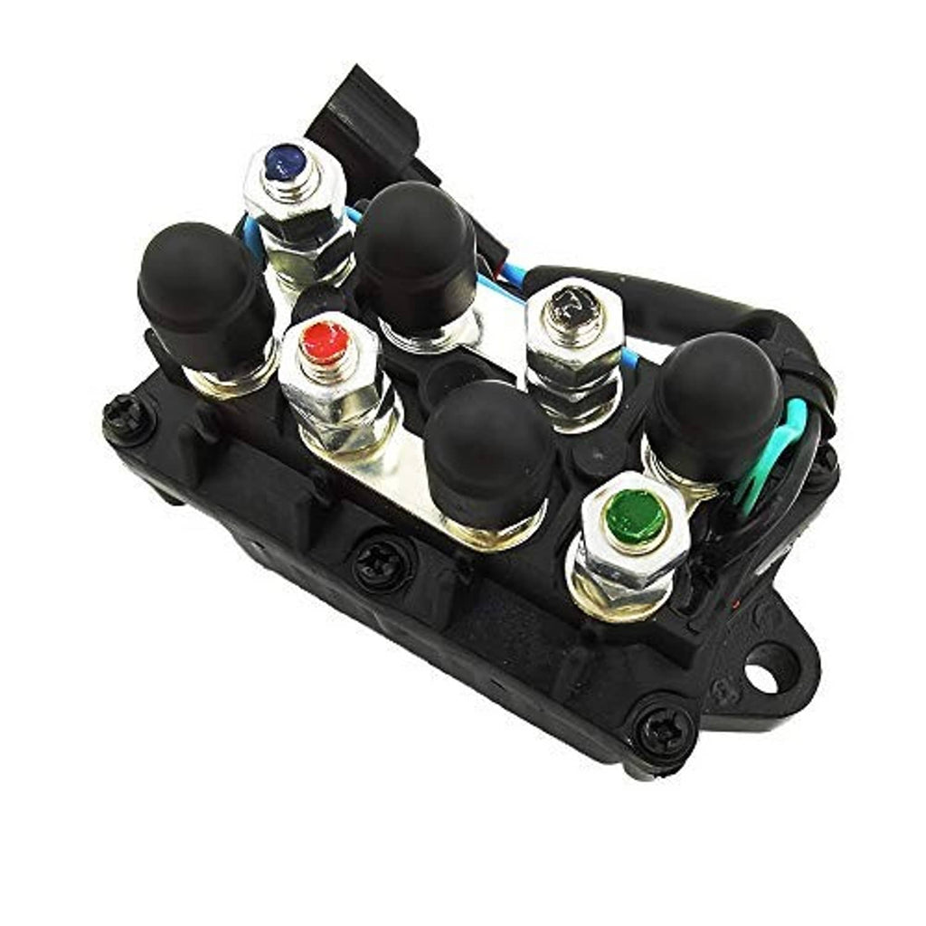 Boat tilt-trim power relay module side view with black housing and wiring leads