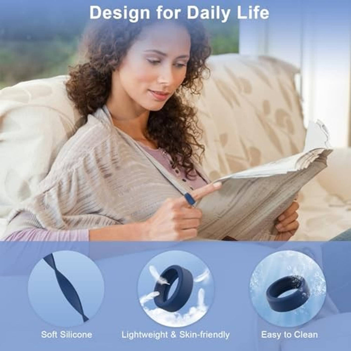 Blue silicone ring protector sleeve set, soft and lightweight design shown with icons