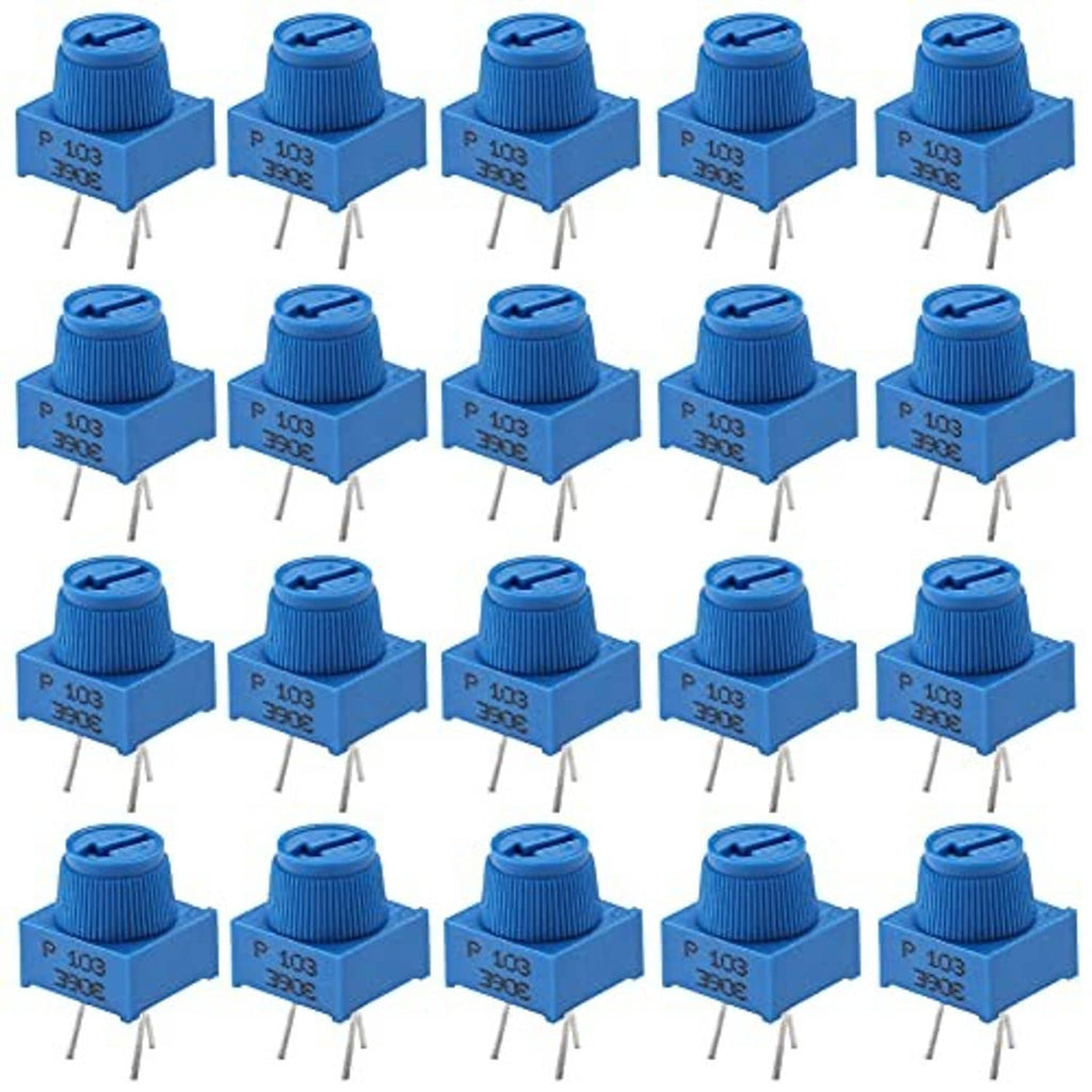 Blue 3-pin trimpot potentiometers, multiple units shown with adjustment knob and 3 leads