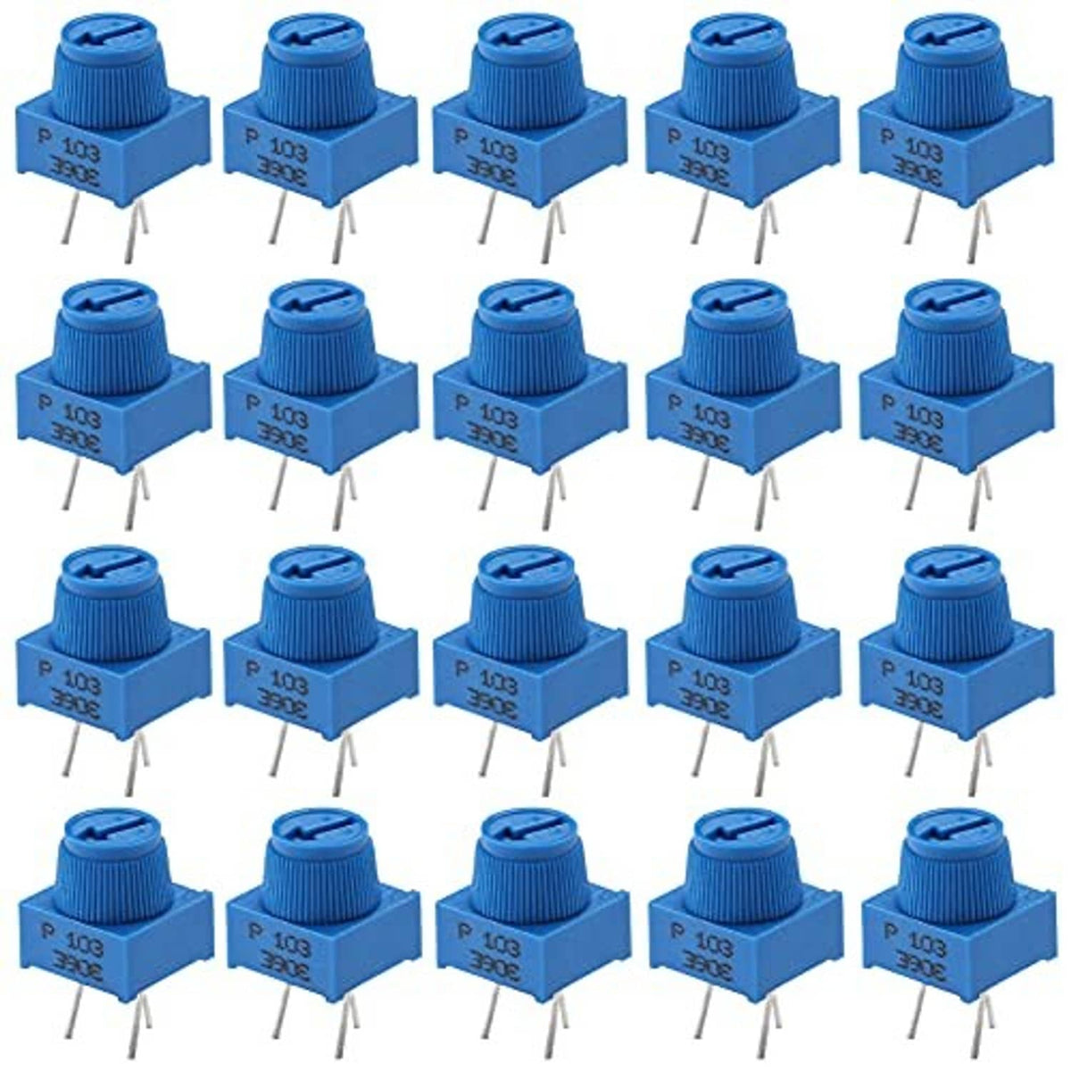 Blue 3-pin trimpot potentiometers, multiple units shown with adjustment knob and 3 leads