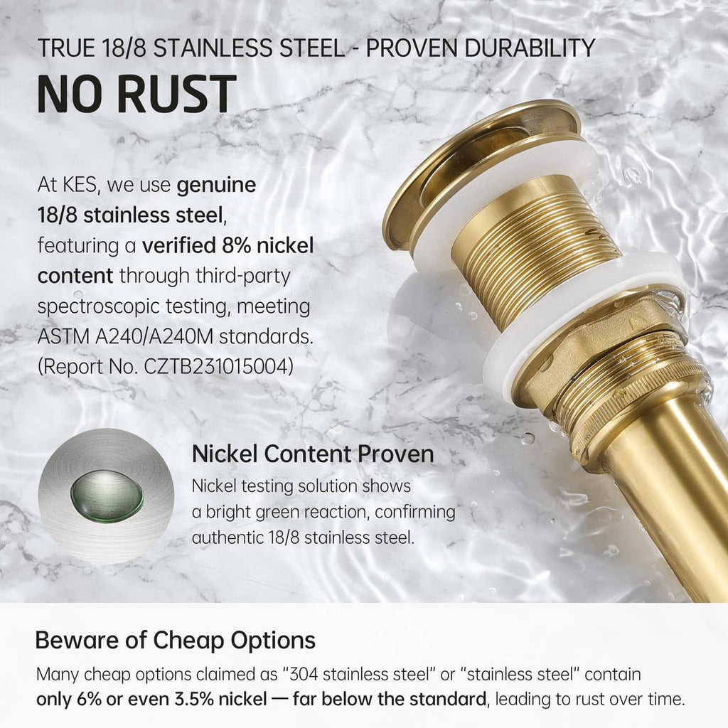 Brushed gold pop-up sink drain stopper made with 18/8 stainless steel