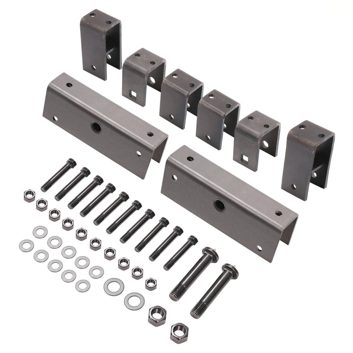 Trailer spring hanger kit bundle with U-brackets, long plates, bolts and washers