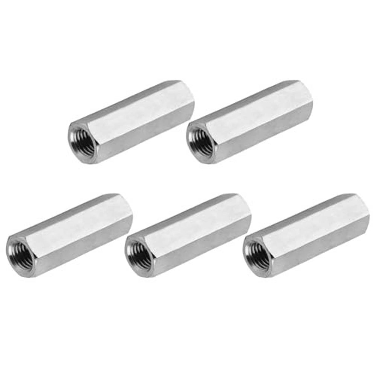 Five stainless steel hex coupling nuts with internal threads, hex body close-up