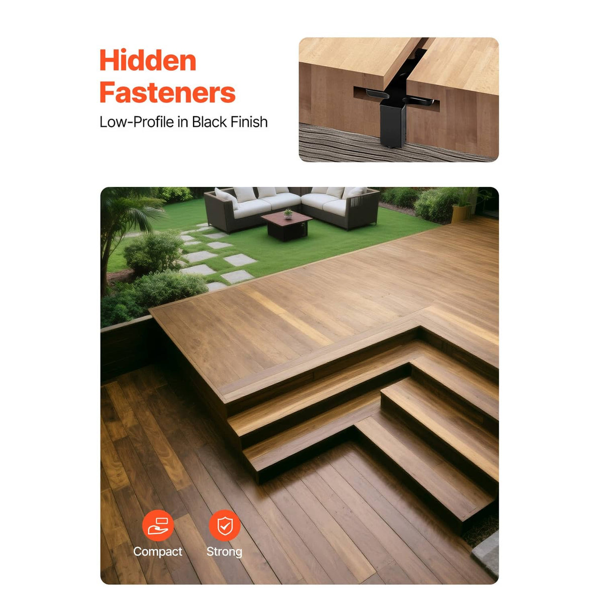 Black low-profile hidden deck fasteners for flush board installation