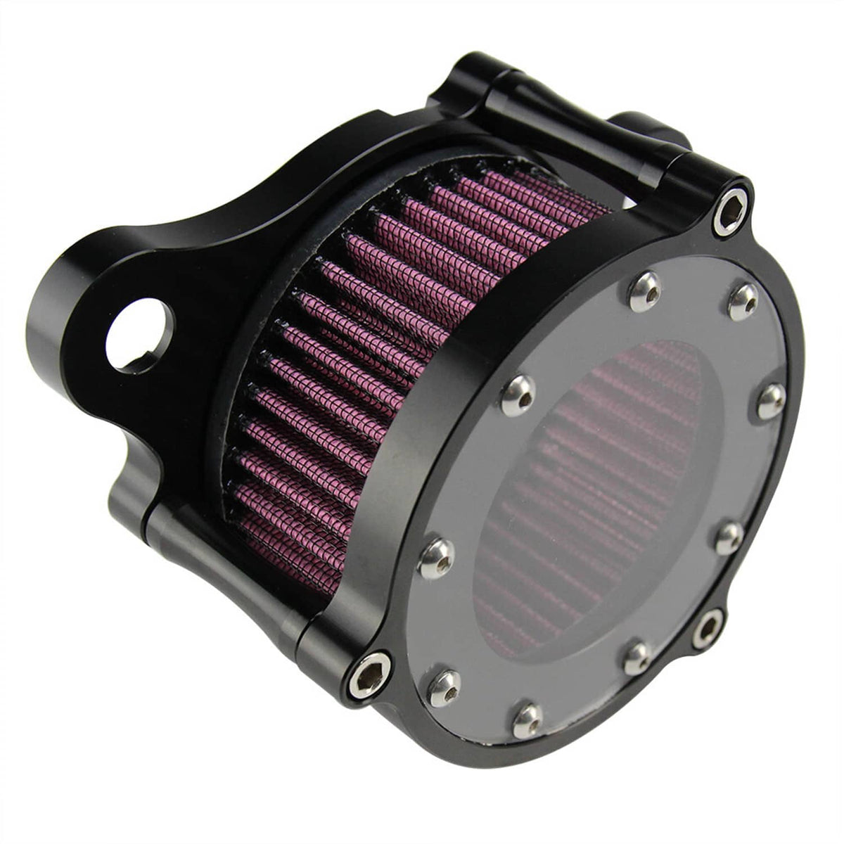 Black air cleaner intake filter housing with purple/red pleated filter and side mounting tabs