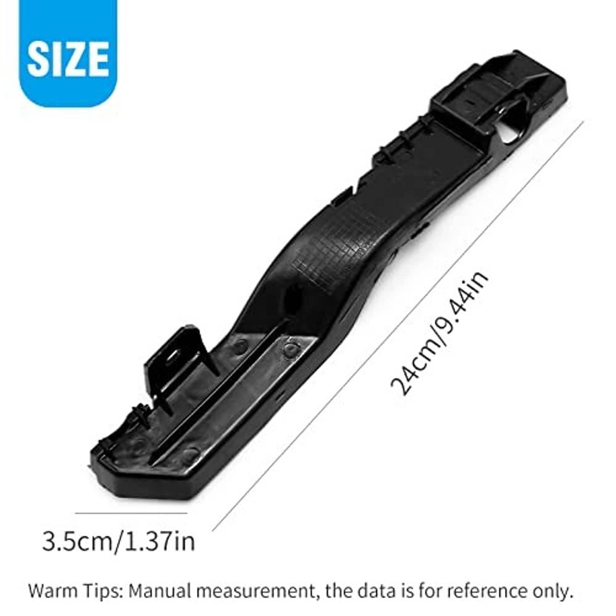 Black front bumper bracket support with mounting tabs, holes, and textured surface
