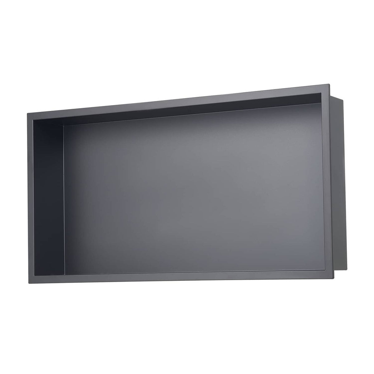 Recessed shower niche wall shelf with dark stainless steel frame, front and side view