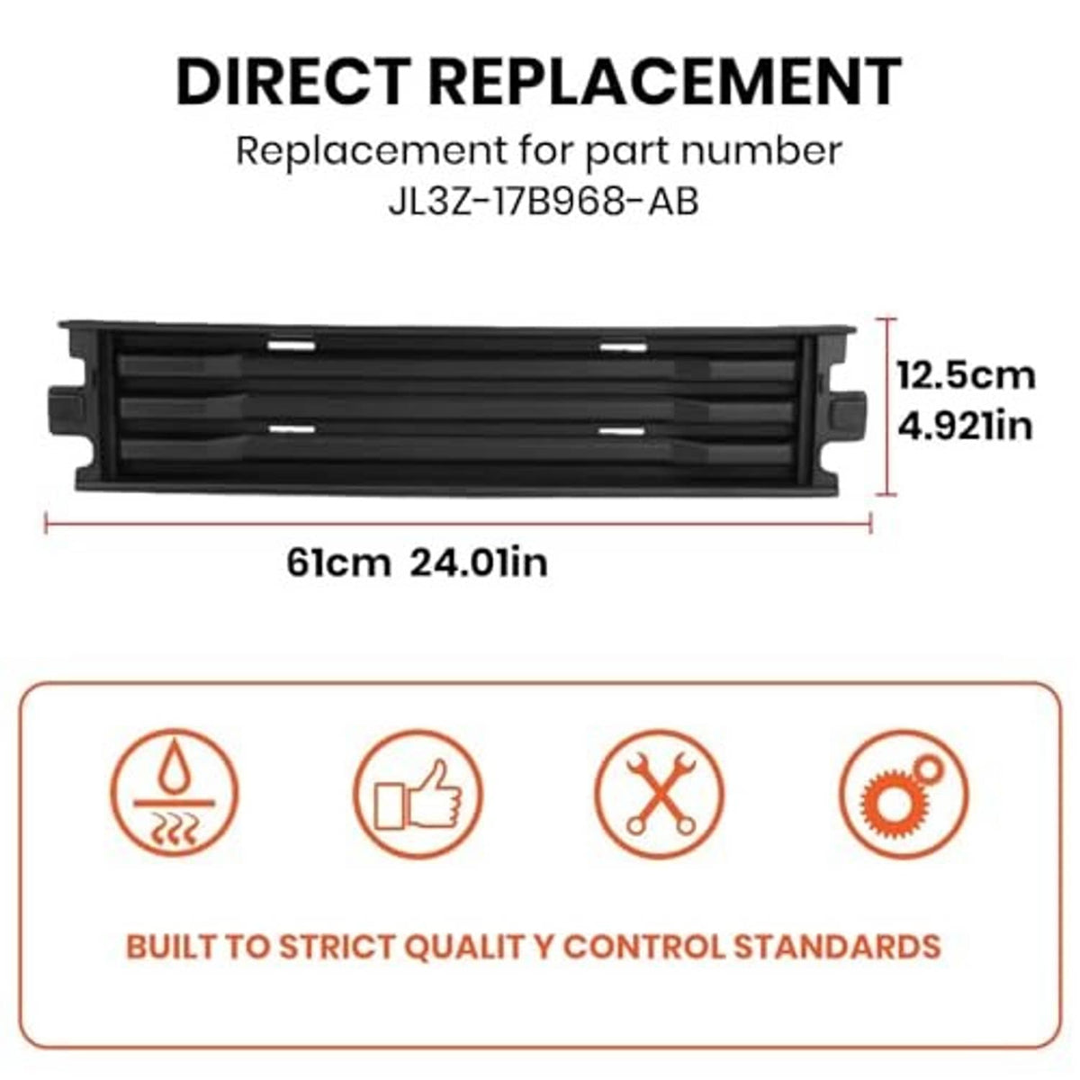 Black front bumper grille trim insert with horizontal bars, direct replacement