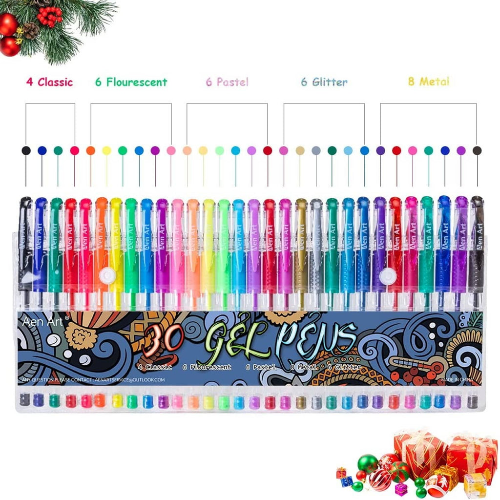 Gel pen set with 30 colors: classic, fluorescent, pastel, glitter, and metal