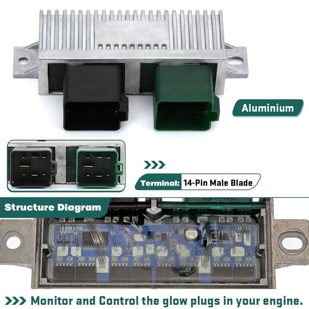 Glow plug control relay module with aluminum housing, 14-pin male blade terminals