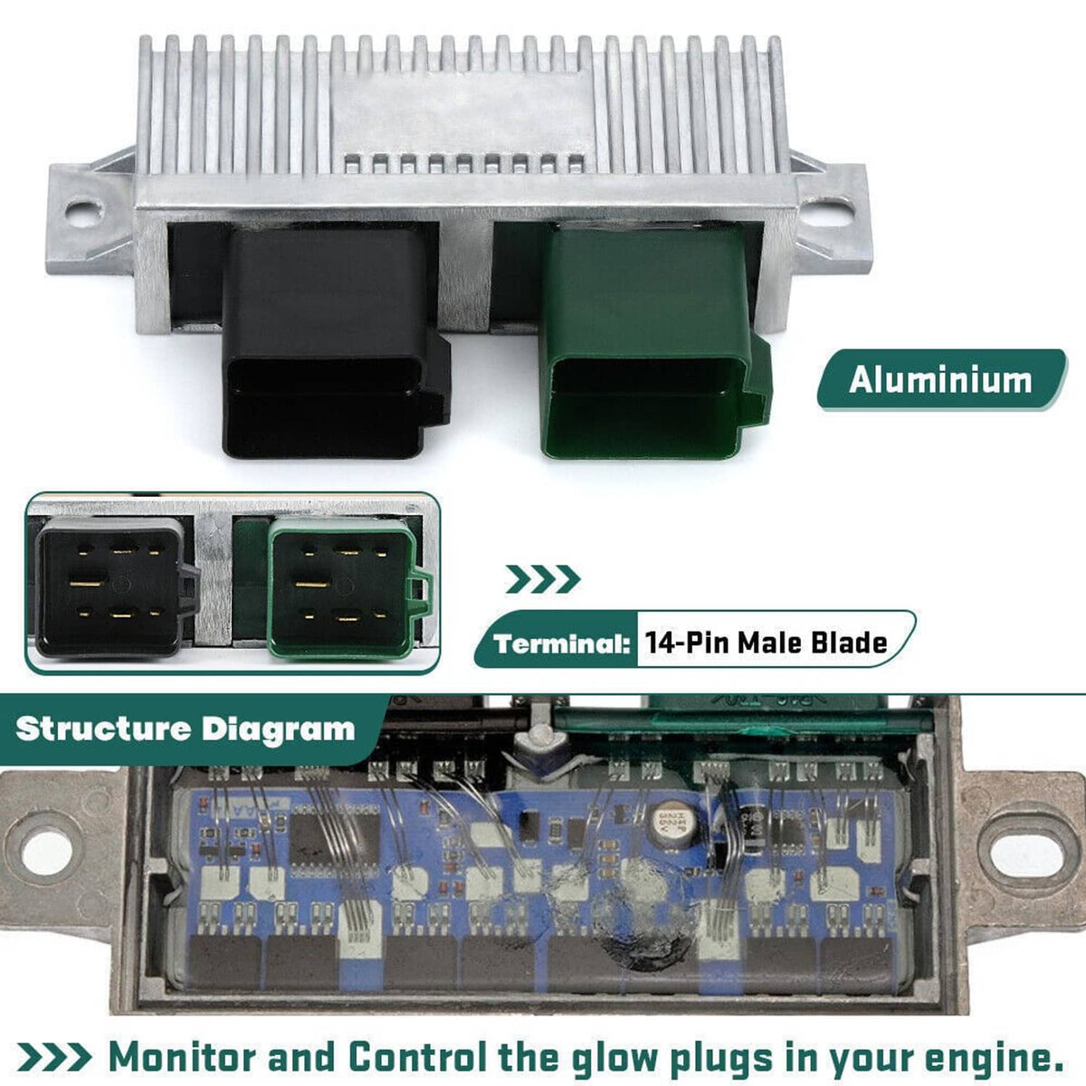 Glow plug control relay module with aluminum housing, 14-pin male blade terminals