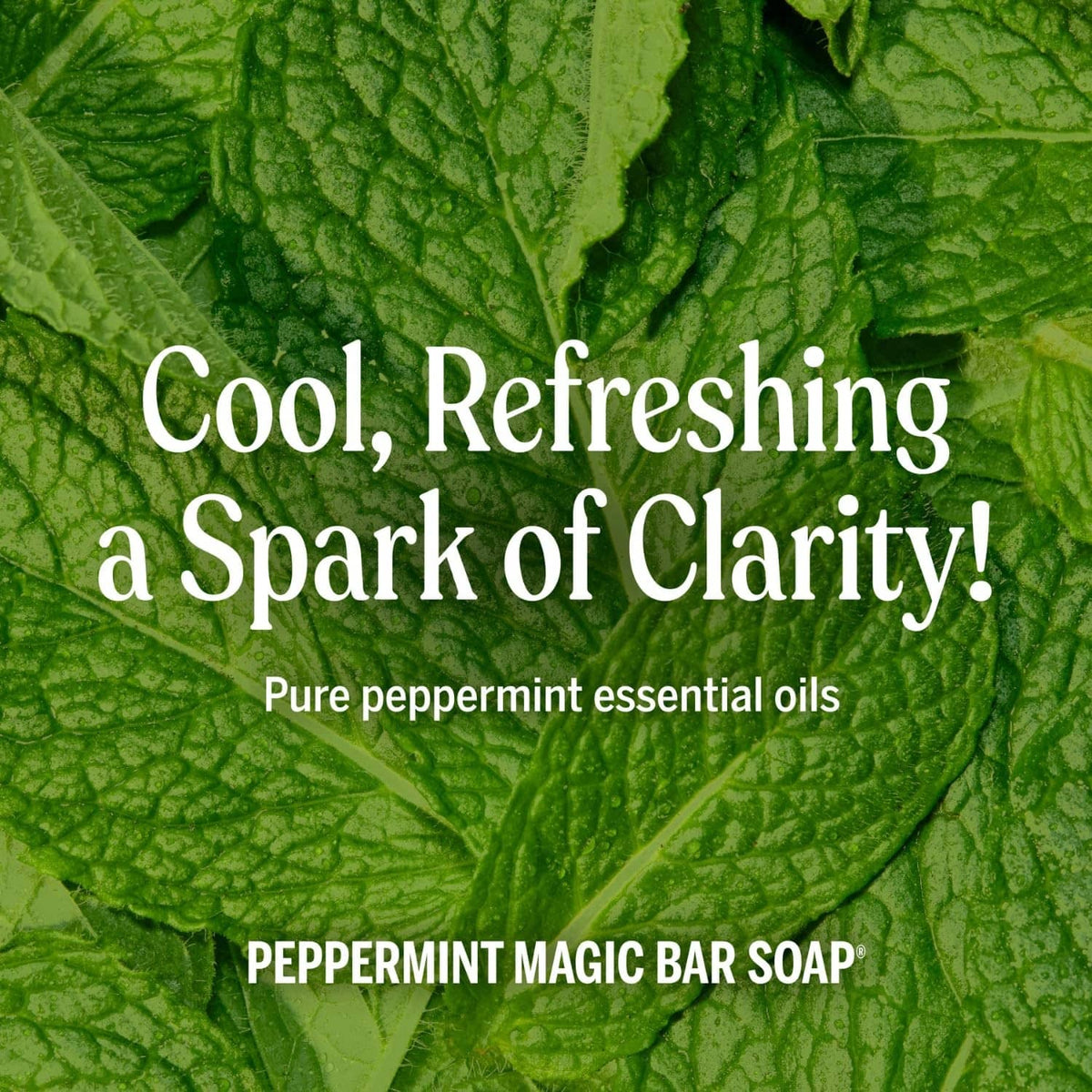 Peppermint magic bar soap promotional graphic with leaf texture background