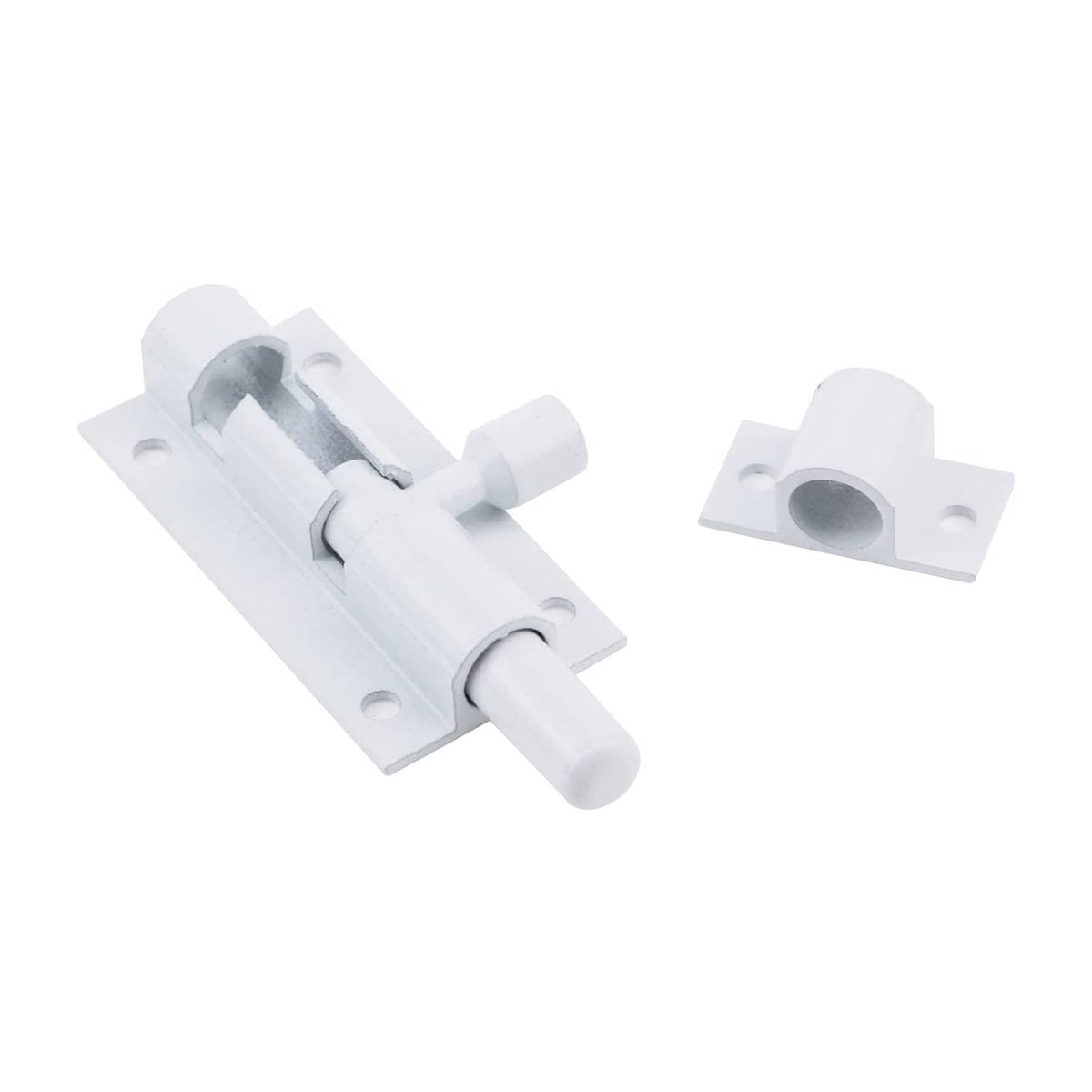 White slide bolt latch with push bolt and side mounting tabs