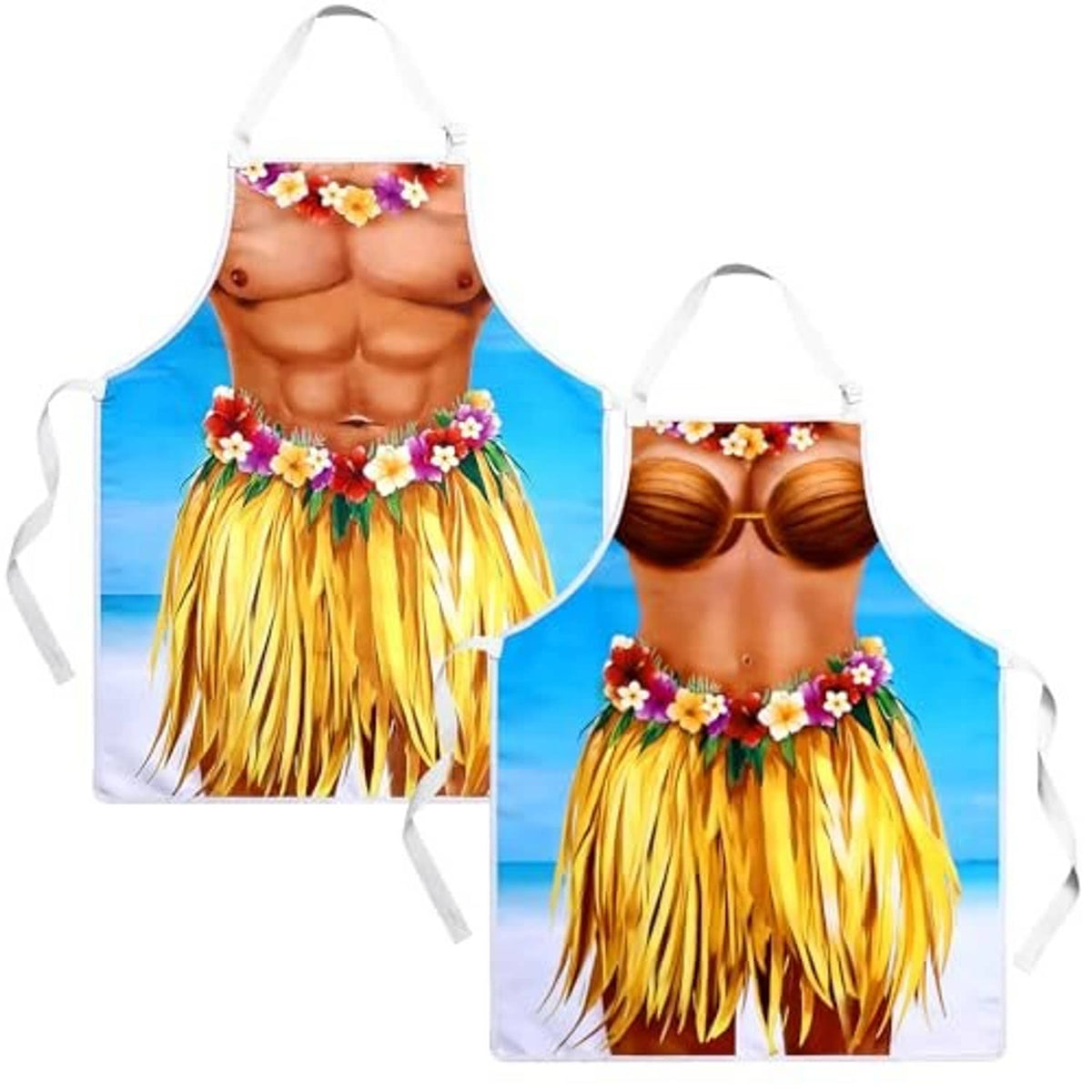 2-pack Hawaiian aprons: blue torso print, purple flower garland, yellow fringe grass skirt