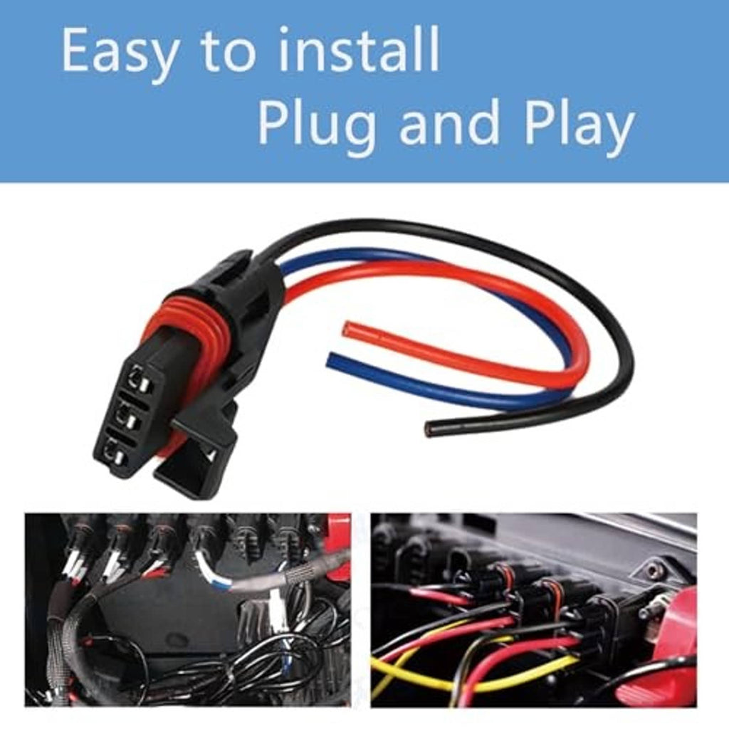 Plug-and-play pulse power pigtail leads with black connector and bundled red, blue wires