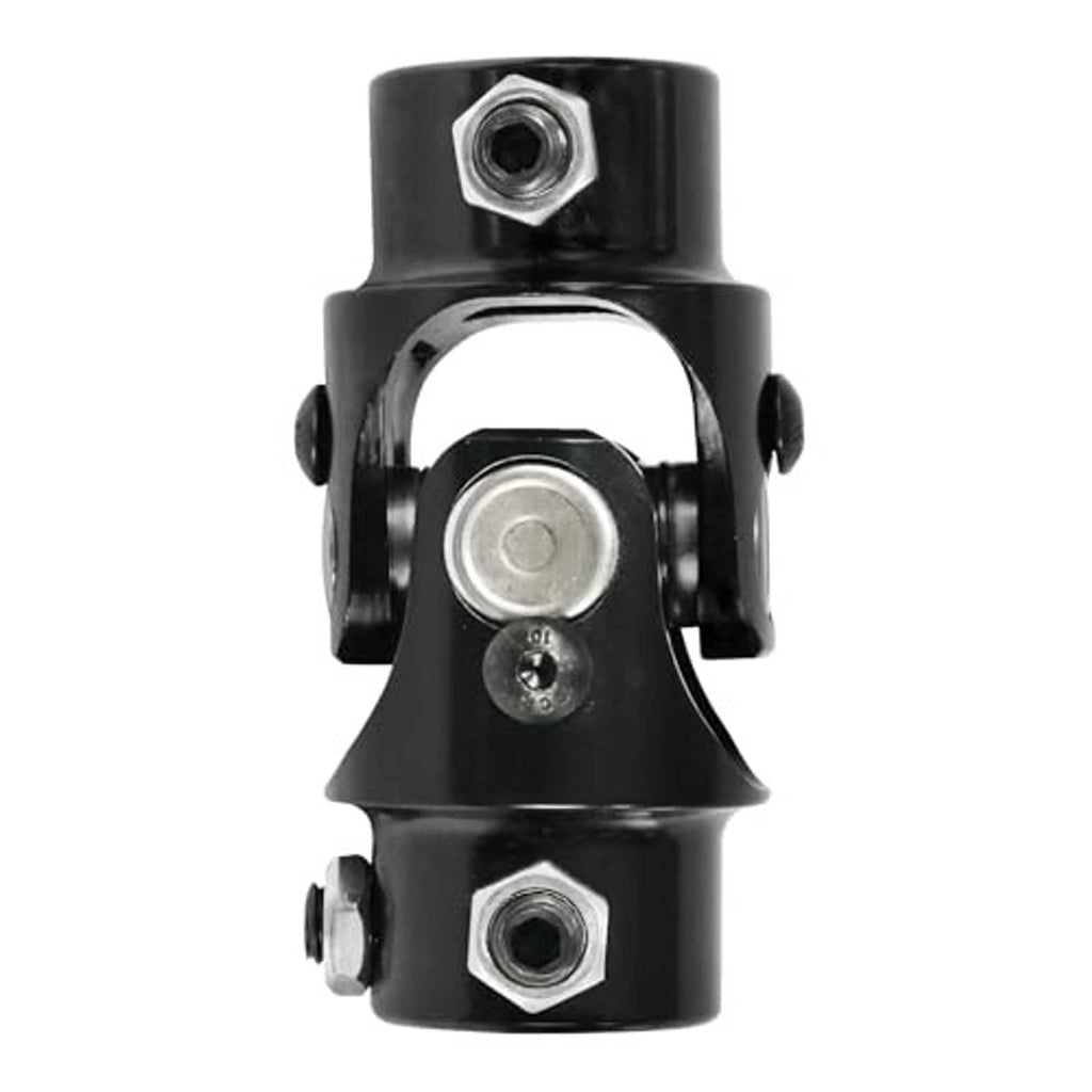 Black steering universal joint with two metal end caps and threaded mounting hole
