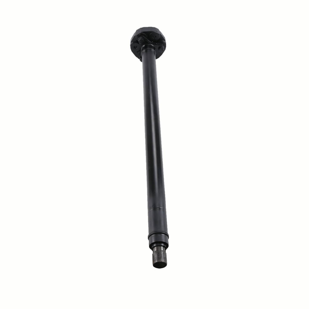 Front drive shaft with circular mounting cup and splined end, black metal