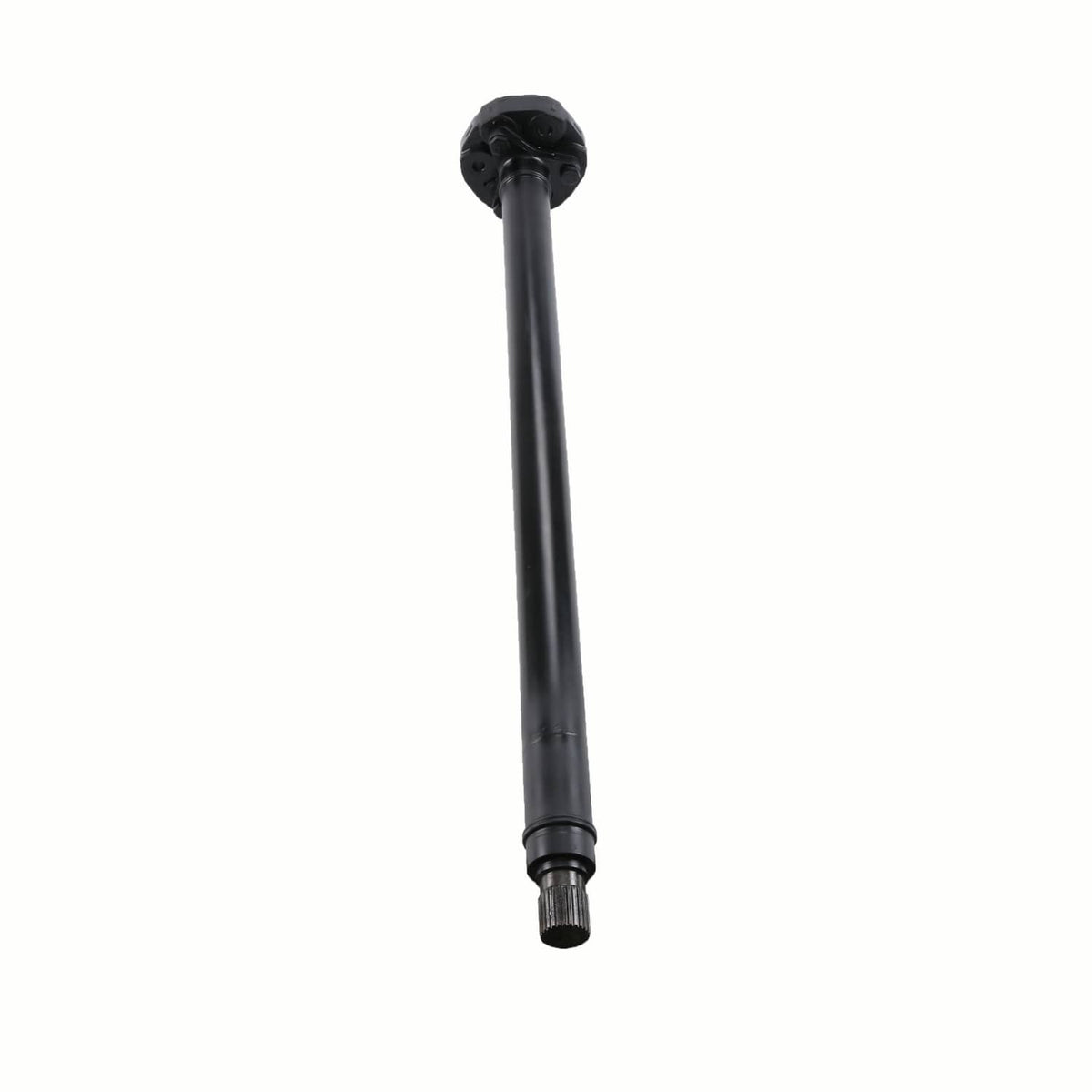 Front drive shaft with circular mounting cup and splined end, black metal