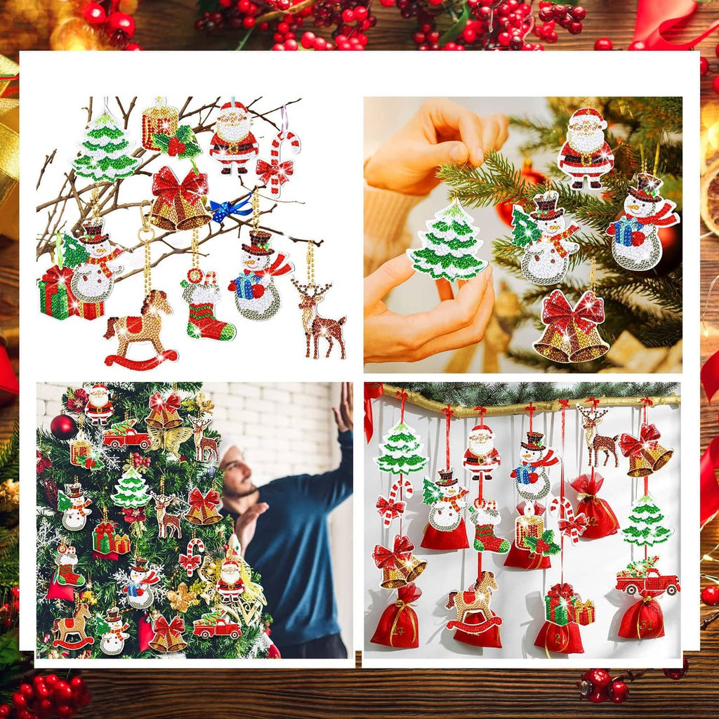 Finished diamond art Christmas ornaments featuring trees, Santa, reindeer, star, and bow shapes