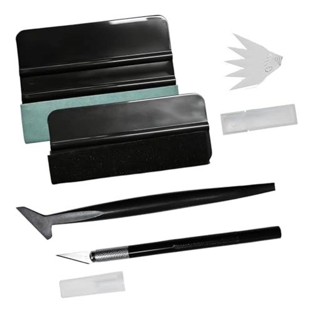 Car window tint installation kit set with felt squeegee, scraper, and replacement blades