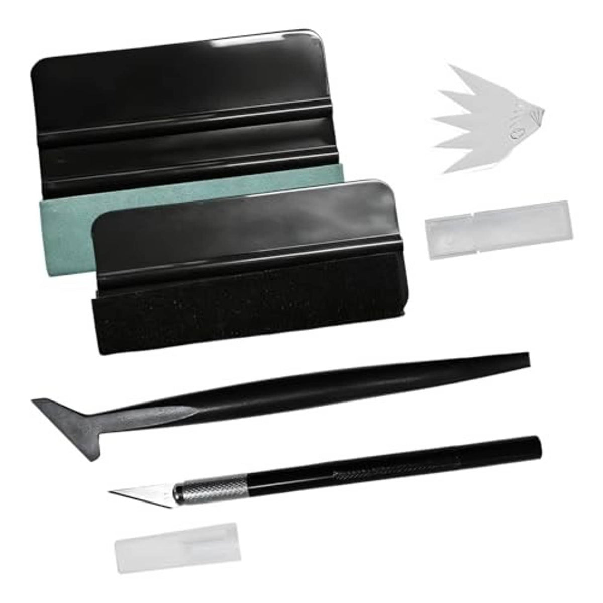 Car window tint installation kit set with felt squeegee, scraper, and replacement blades