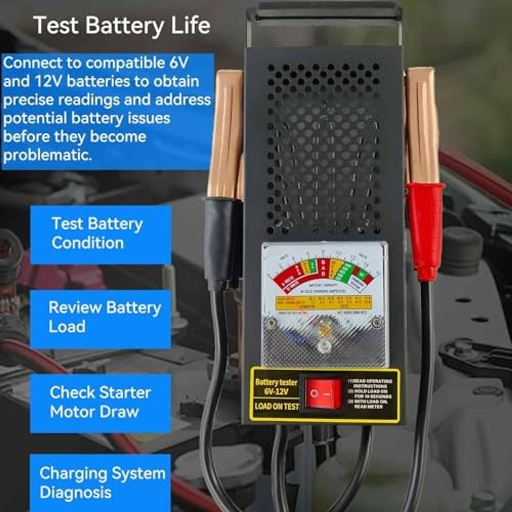 Car battery load tester with gauge panel and red/black clamps for battery testing