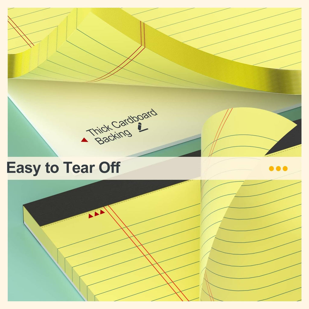 Yellow legal pad with tear-off edge, lined pages, thick cardboard backing