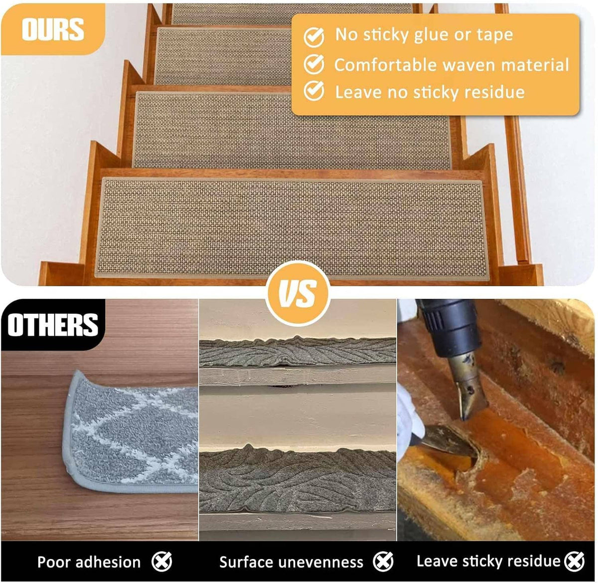 Beige woven stair tread carpet installed on wooden steps with non-slip coverage