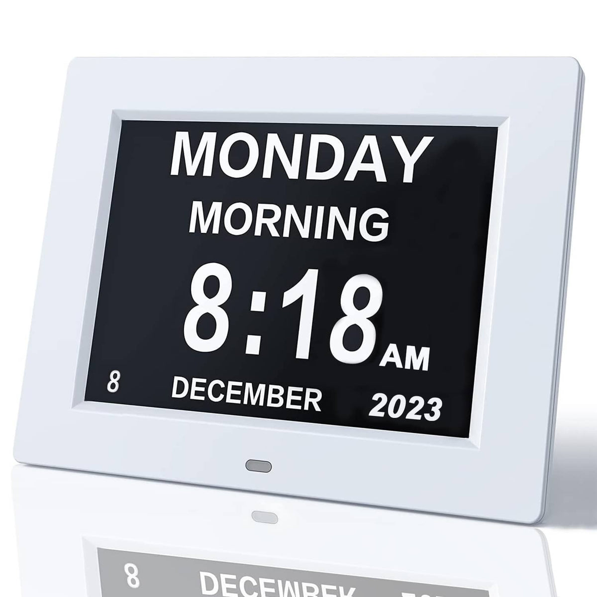 Large digital dementia clock with black date/time display, MONDAY MORNING 8:18 AM