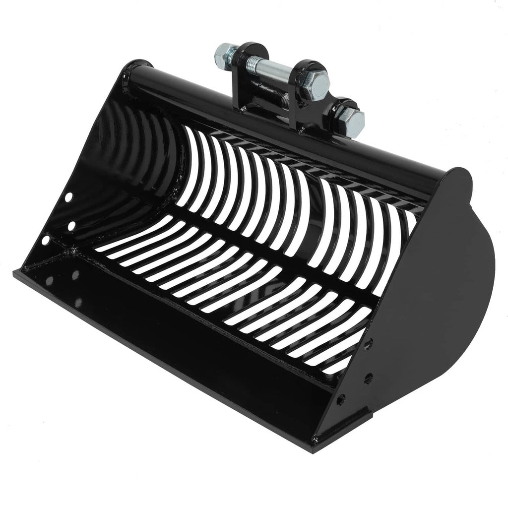 Black 600mm mud bucket screening attachment with roller drum and side mounting brackets