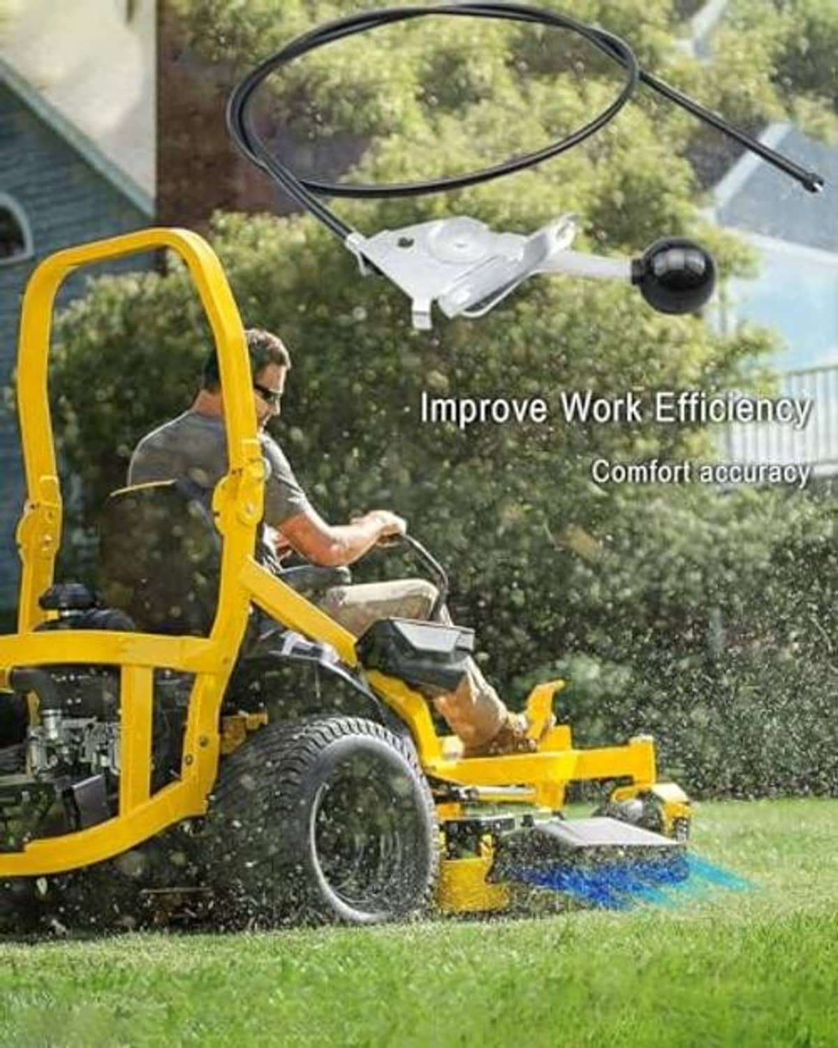 Throttle control cable on yellow zero-turn mower, black cable attached to metal lever