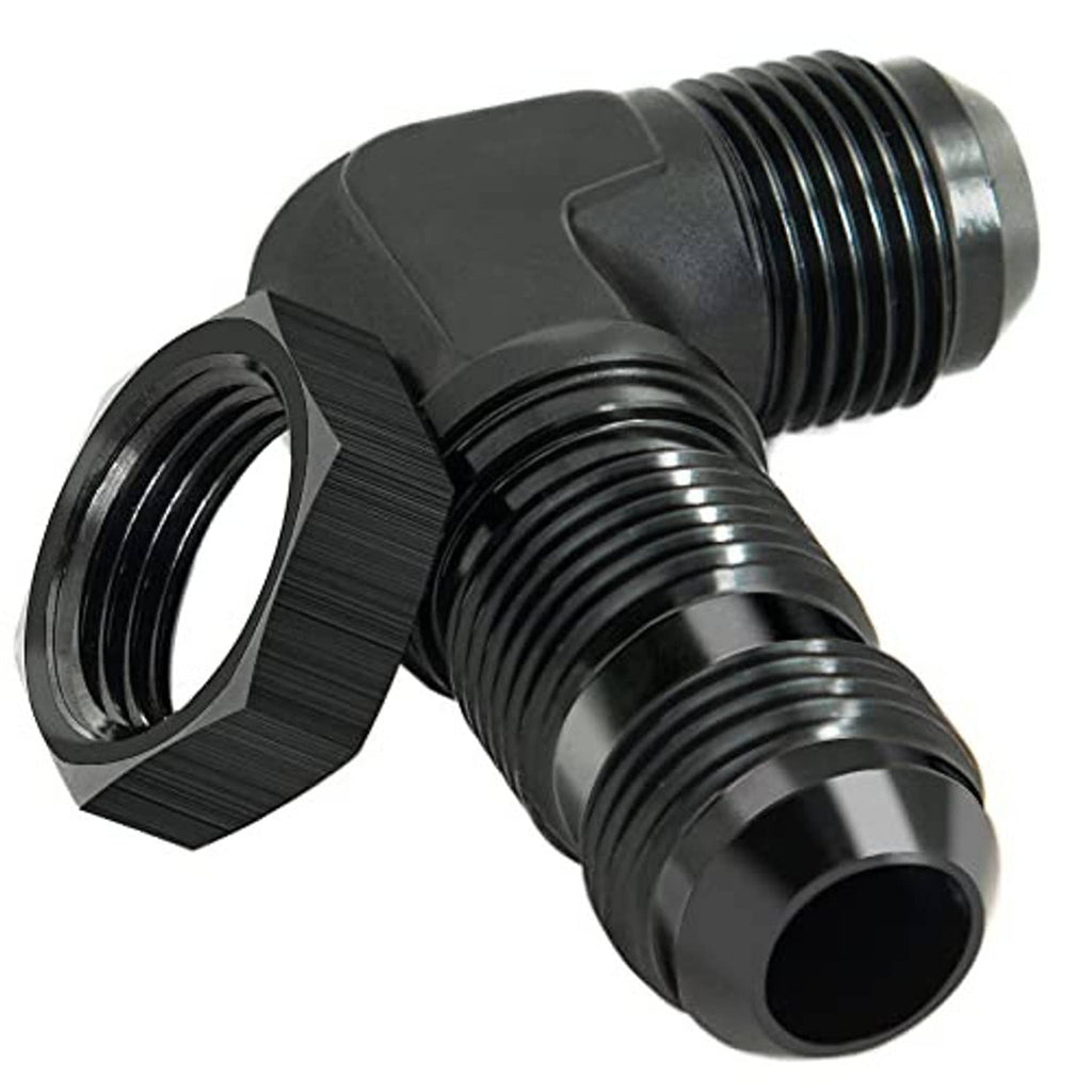 Close-up of black 90-degree bulkhead flare fitting union adapter and hex nut detail