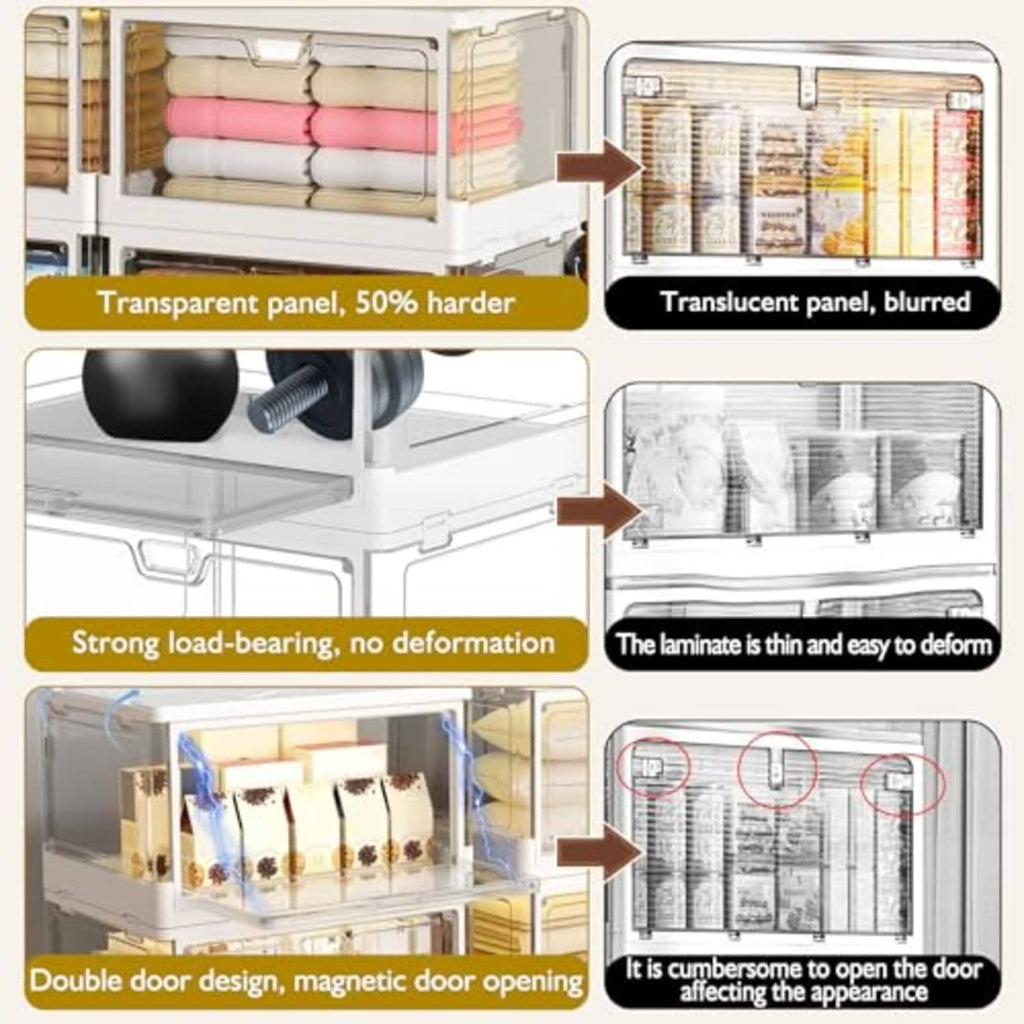 Collapsible storage bin features: transparent panel, double magnetic doors, foldable design