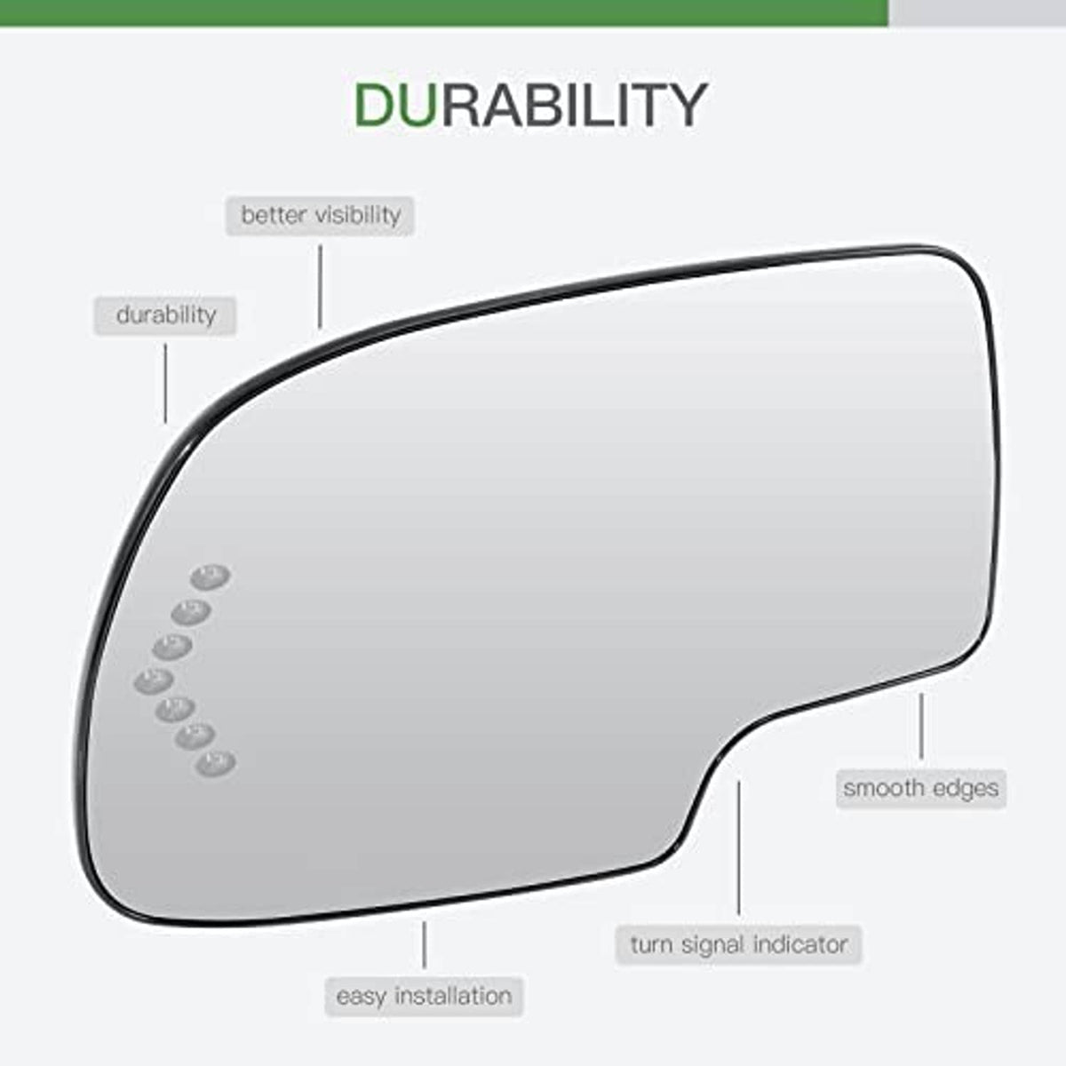Driver-side mirror glass replacement panel with black border and smooth edges