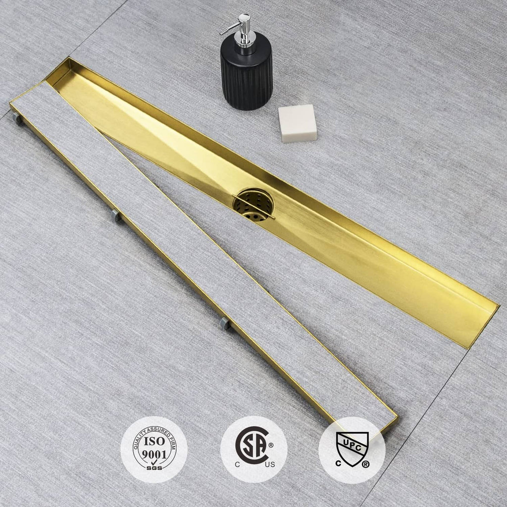 Gold linear shower drain grate with hair strainer opening and mounting parts underneath