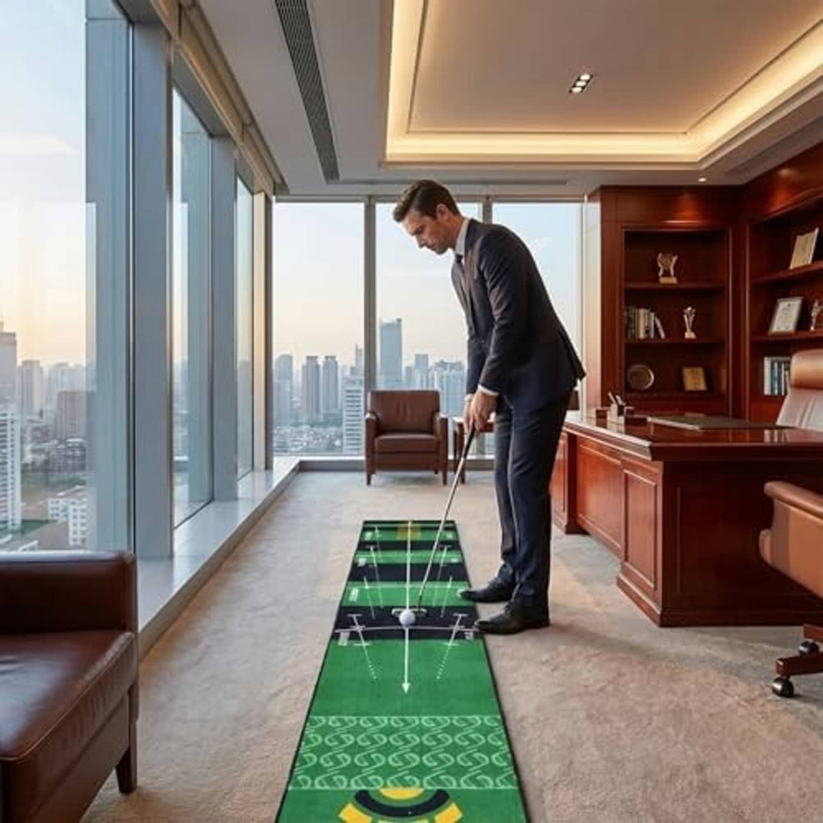 Green putting mat in office with golfer putting along the aiming lines