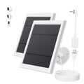 Solar panel charger kit with two dark solar panels, wall mount, and white cables