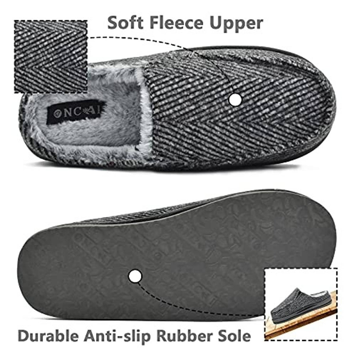 Grey herringbone clog slippers with faux-fur interior and durable anti-slip rubber sole