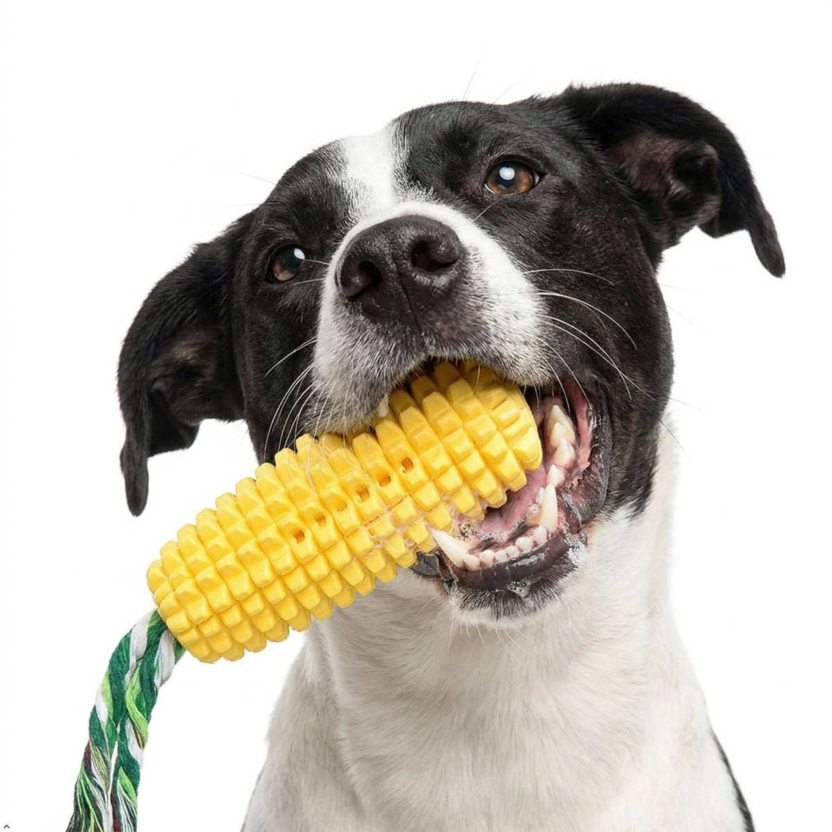 Yellow ribbed chew toy with green rope in a black-and-white dog’s mouth