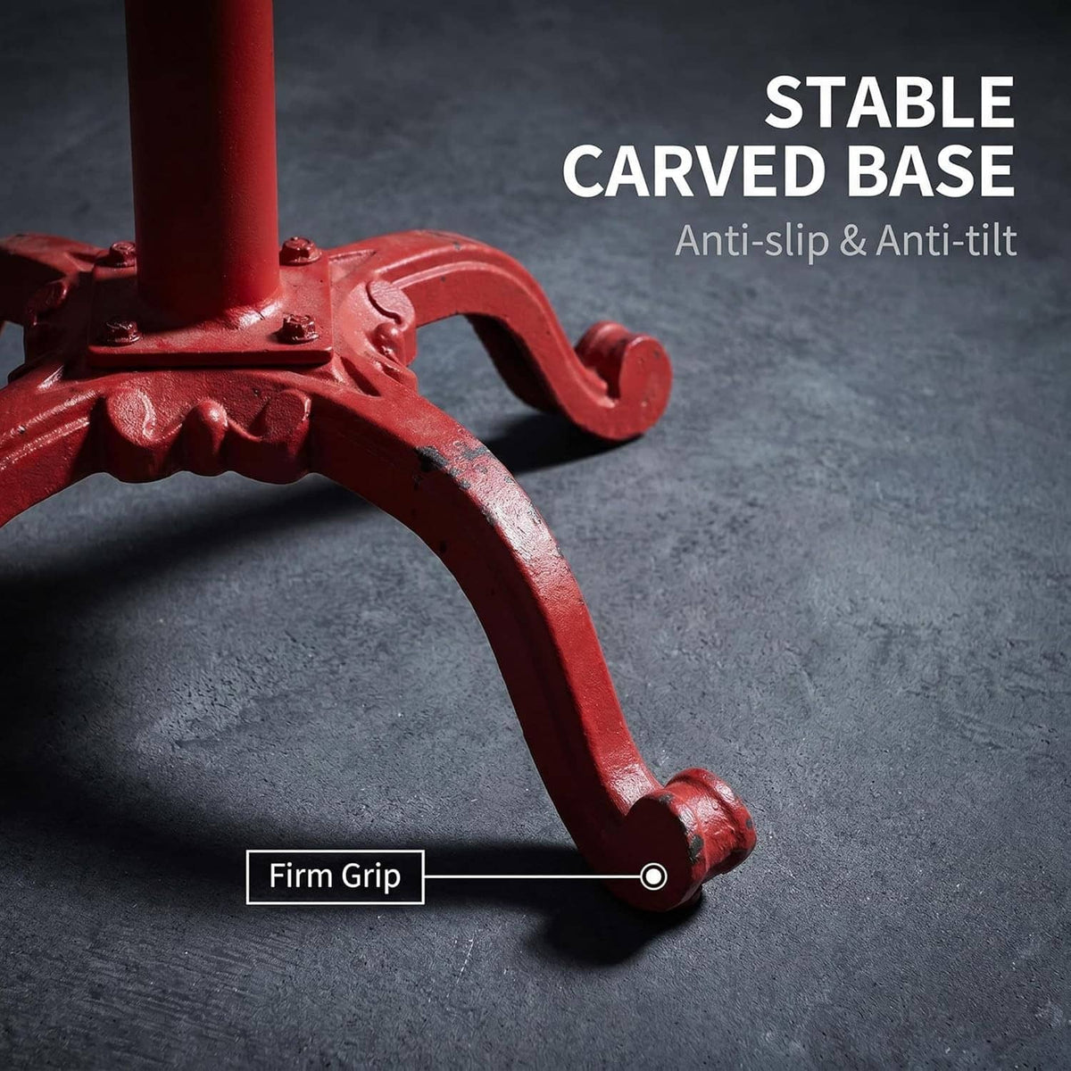 Red carved cast iron stool base with curved legs and firm-grip support arm