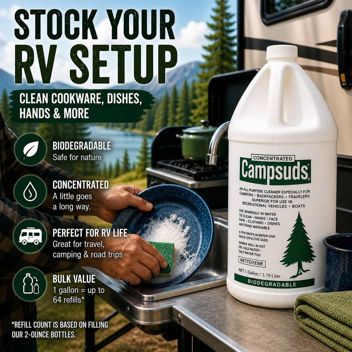 Concentrated Campsuds biodegradable camping soap bottle for RV cookware, dishes, and hands