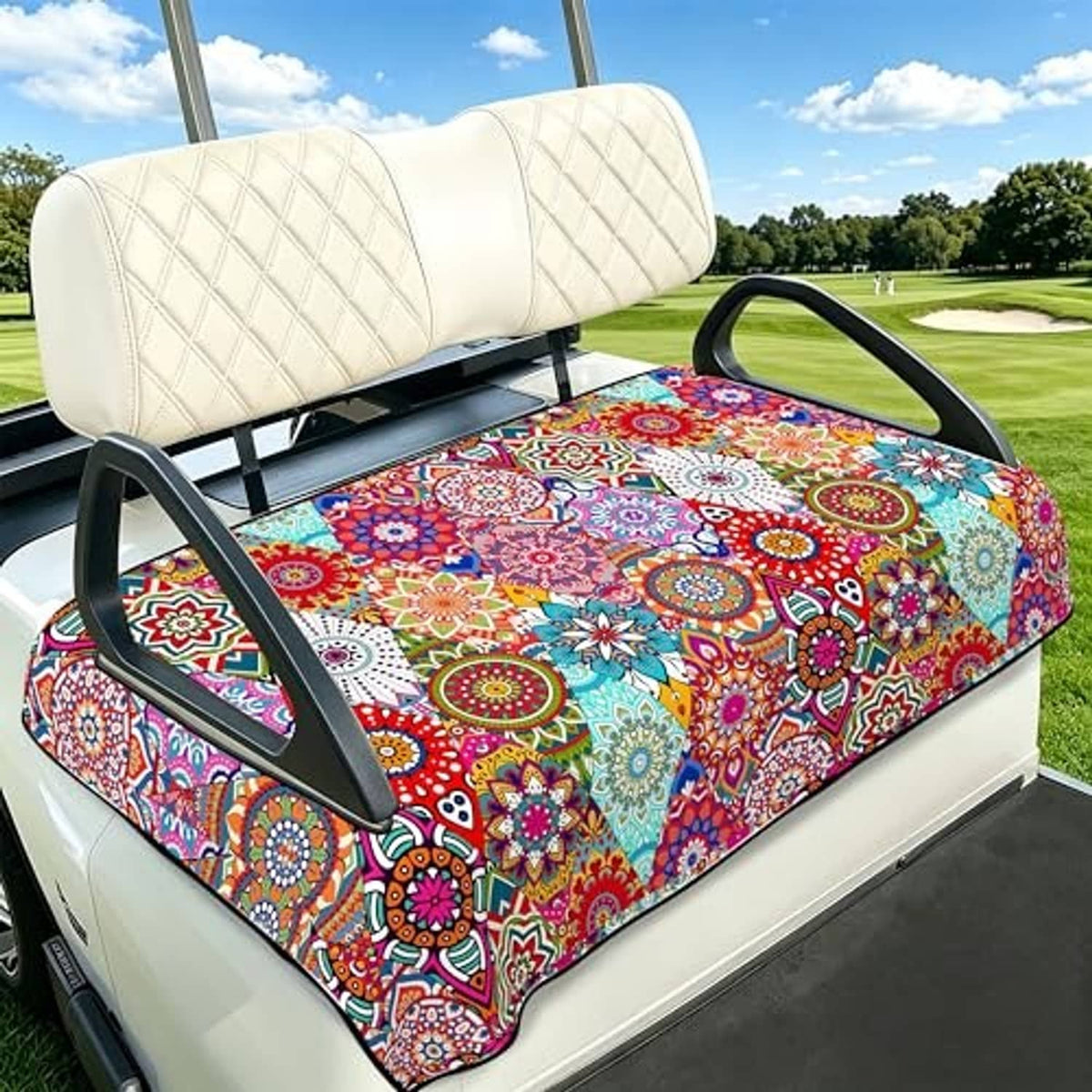 Kaleidoscope patterned seat cover towel for golf cart bench, bright multicolor design