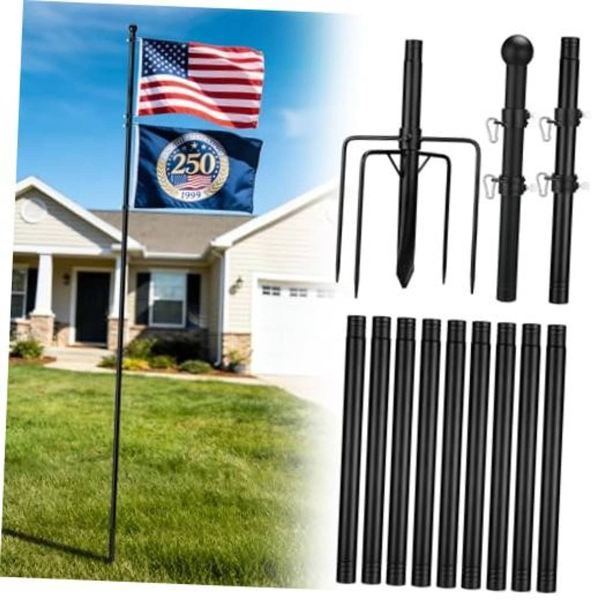Black in-ground flag pole kit with mounting stakes and pole sections, designed for two flags
