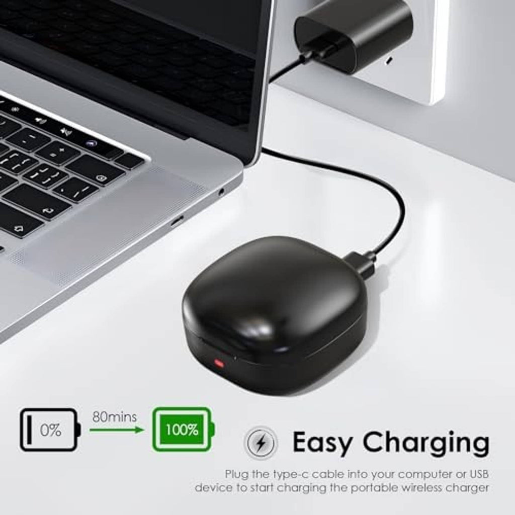 Black wireless charging case with USB cable connected for charging