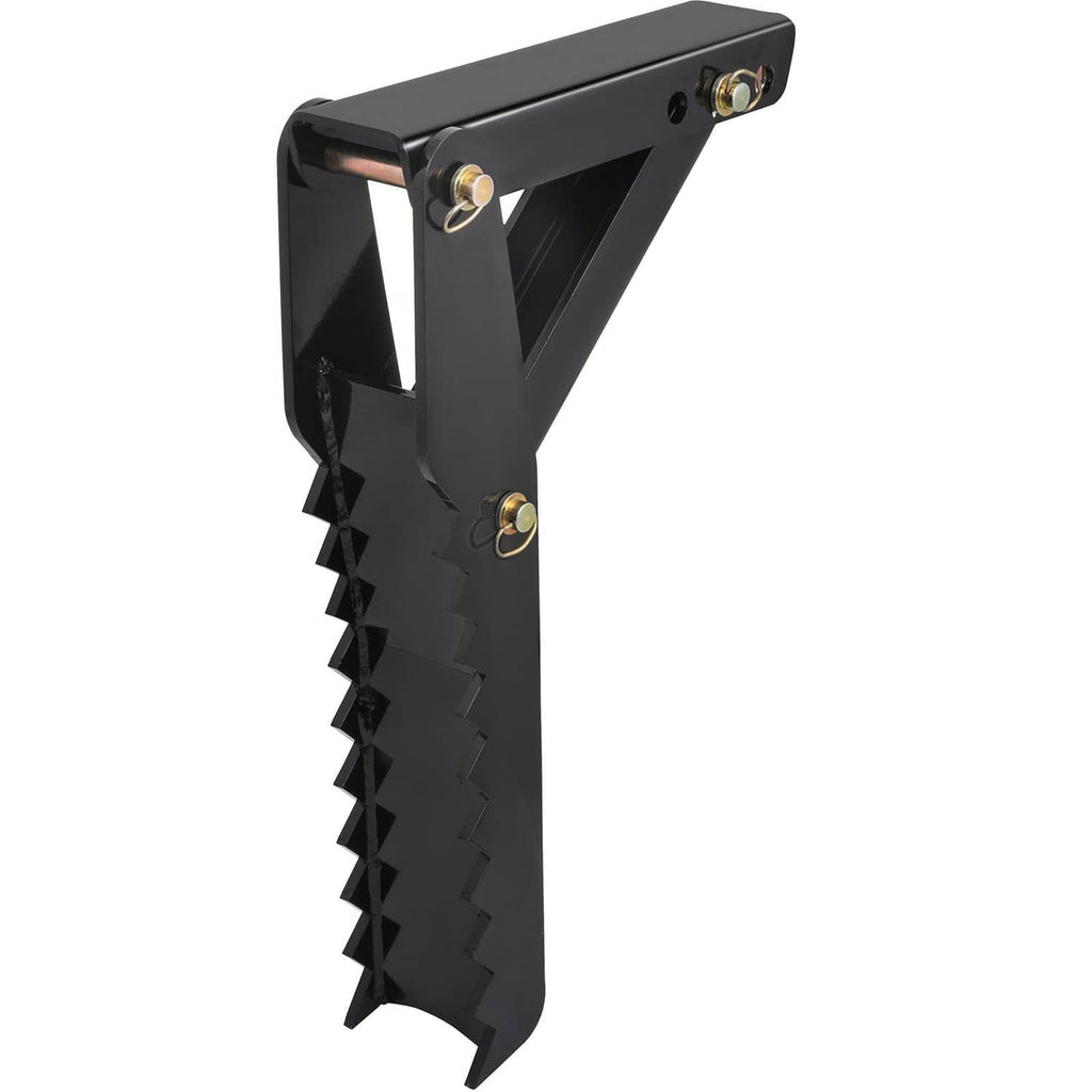 Black excavator thumb claw attachment with vertical plate and serrated grip edge