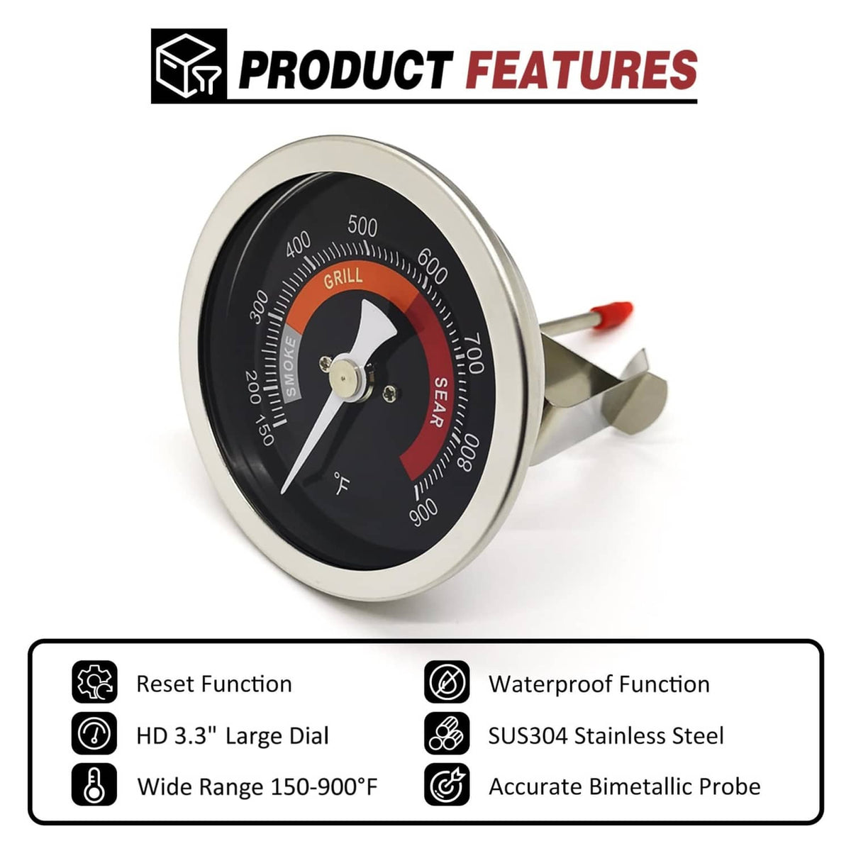 3.3-inch grill thermometer with black face, stainless frame, and mounting probe