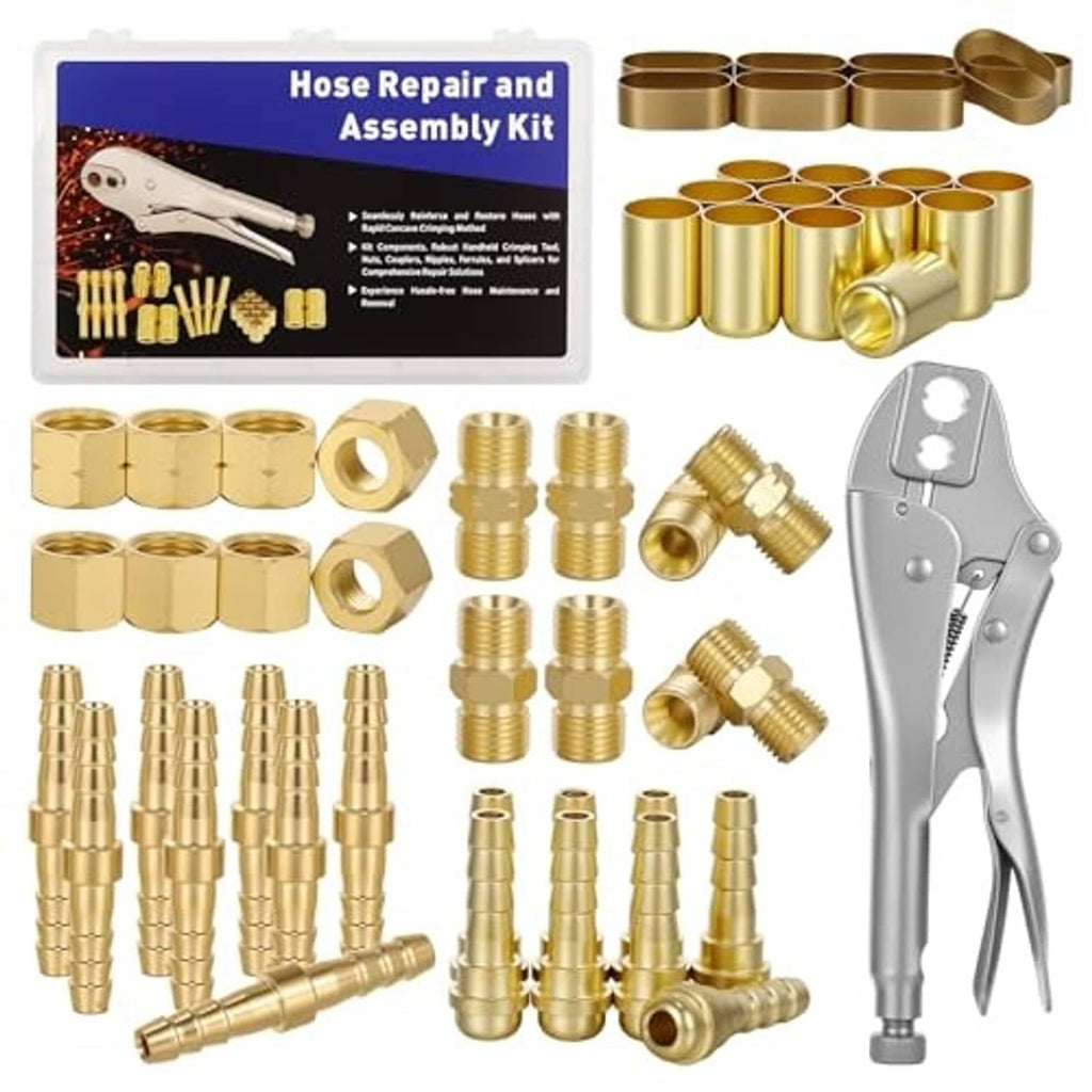 Welding hose repair assembly kit showing brass hose fittings and crimping pliers